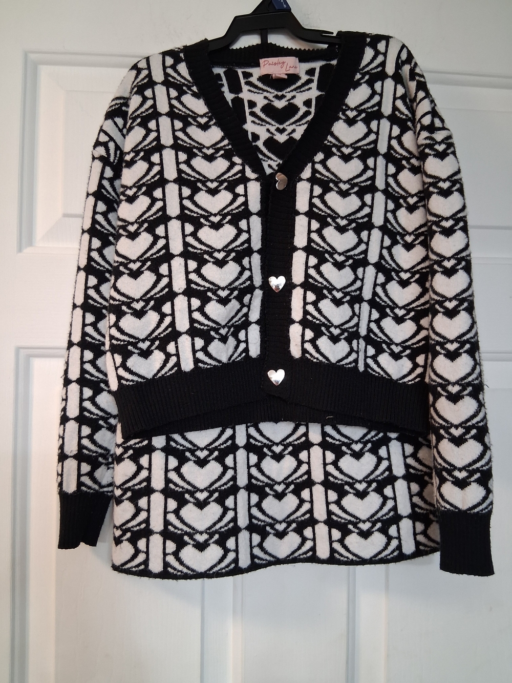 Paisley Girl Black White Heart Outfit Knit Cardigan Skirt Matching Set Size  7